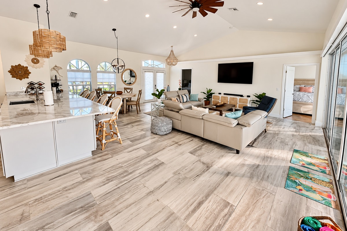 Bright open-plan kitchen, dining, and living room