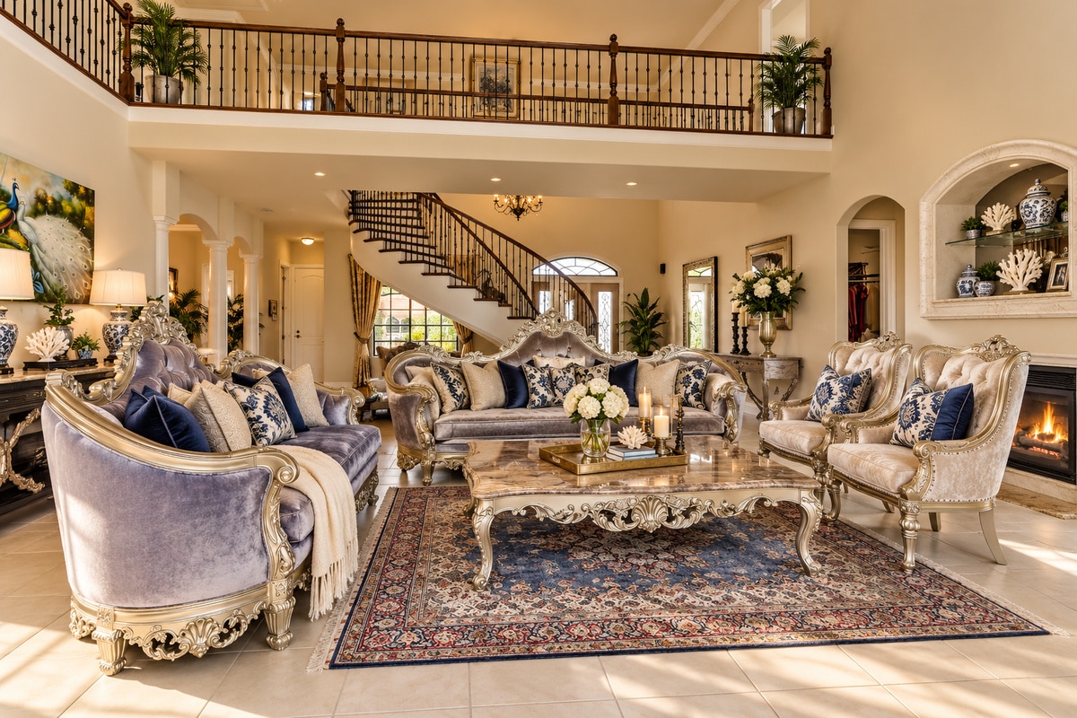 Elegant double-height living room with ornate furniture and staircase