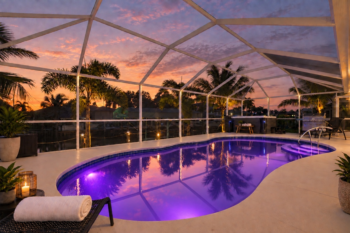 Purple-lit screened pool at sunset with palm trees