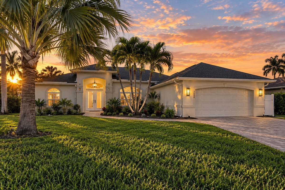 Palm-lined suburban home glowing at sunset