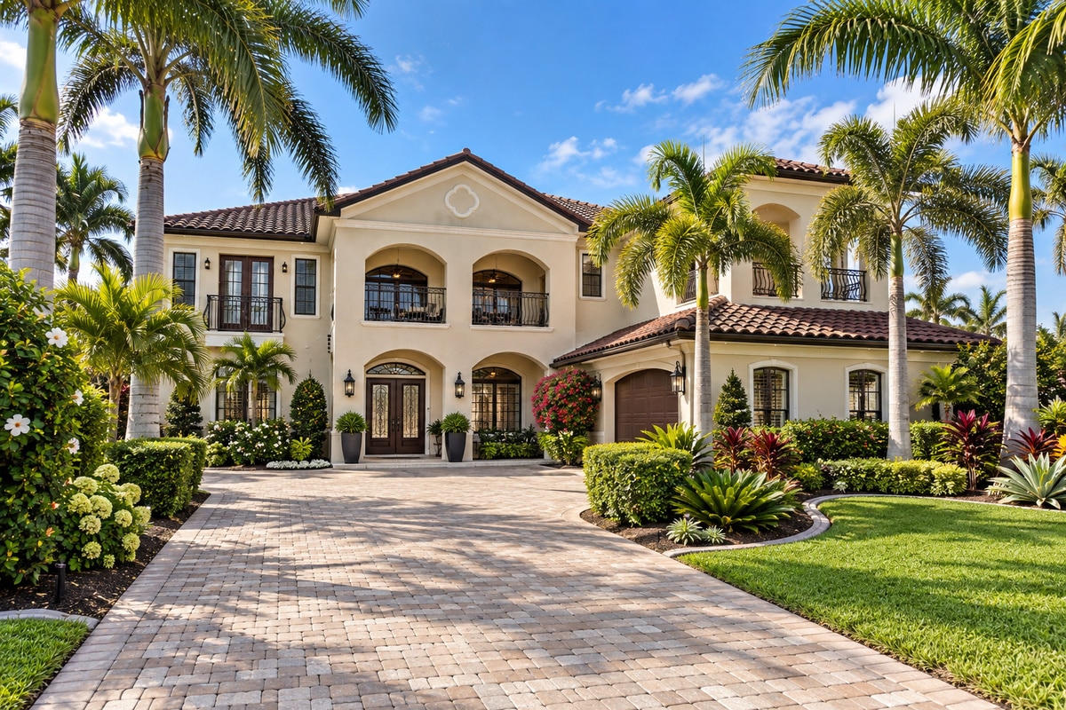 Mediterranean luxury home with palm-lined driveway
