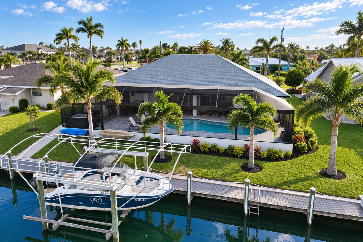 Canal-front home with screened pool and docked boat