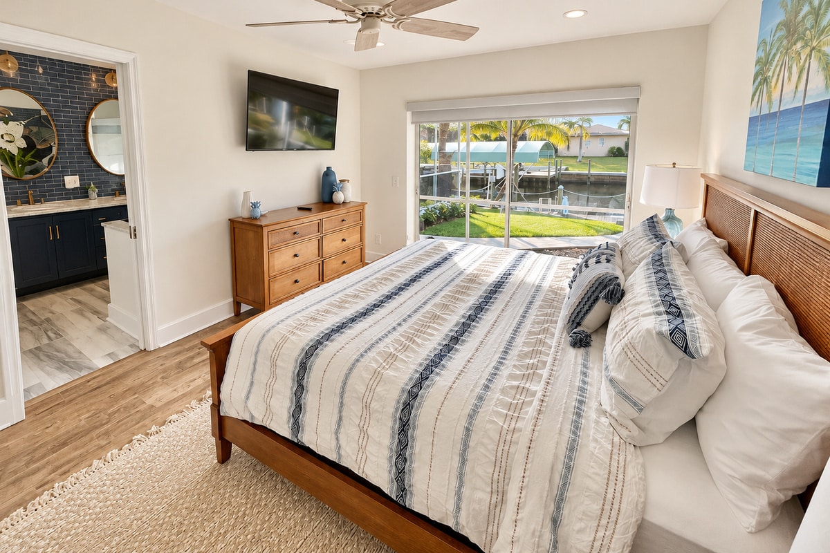 Waterfront bedroom with sliding glass doors and canal view