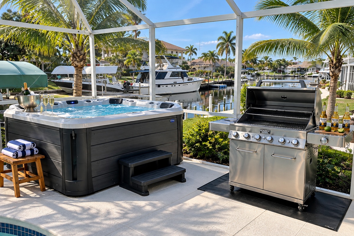 Canal-side patio with hot tub, grill, and yachts