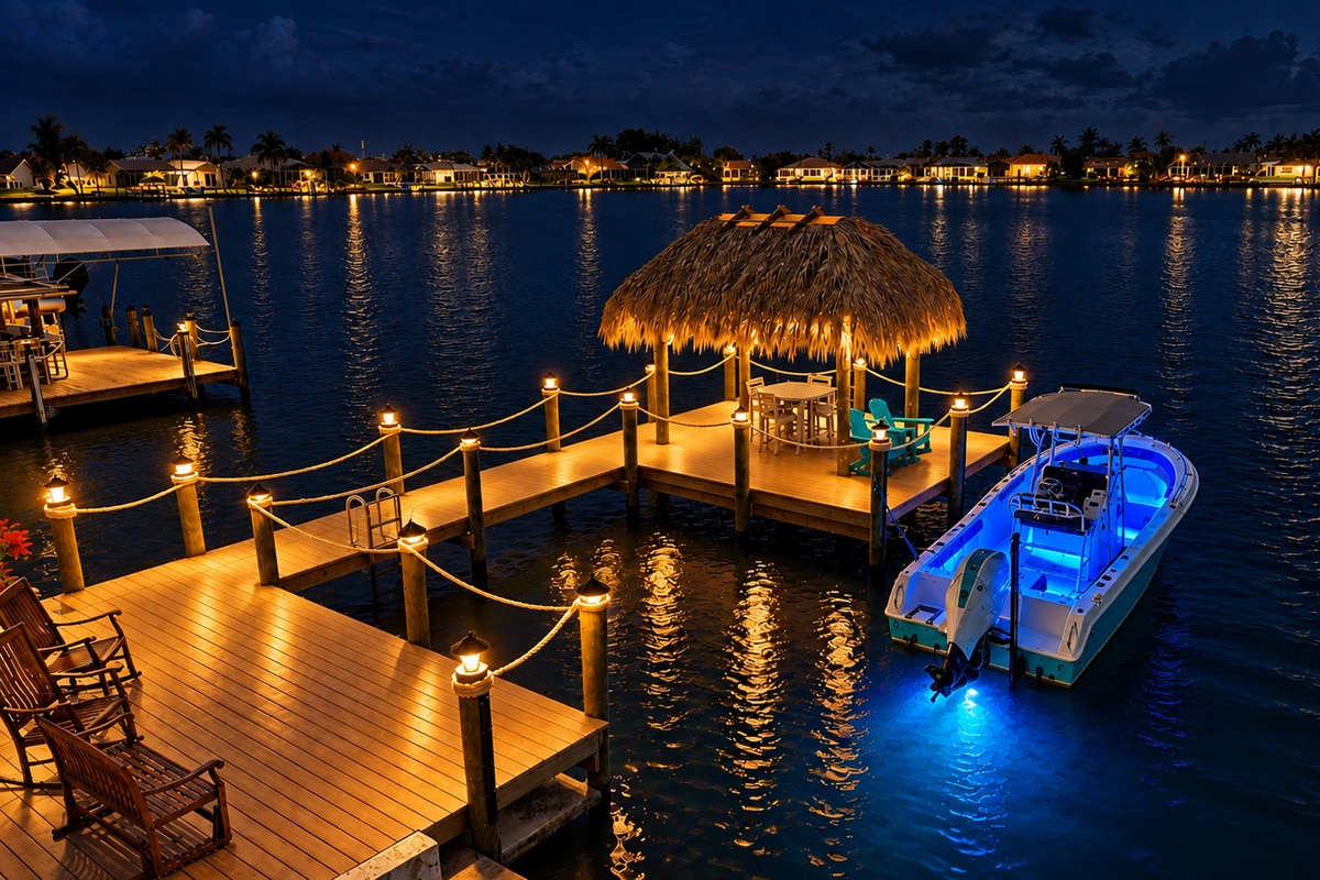 Illuminated waterfront dock, tiki hut, and blue-lit boat at night