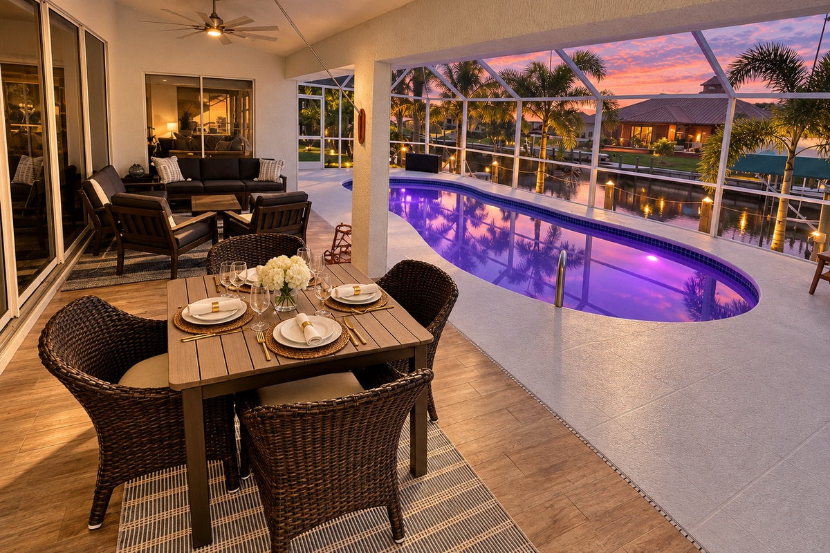 Screened patio dining beside illuminated pool at sunset