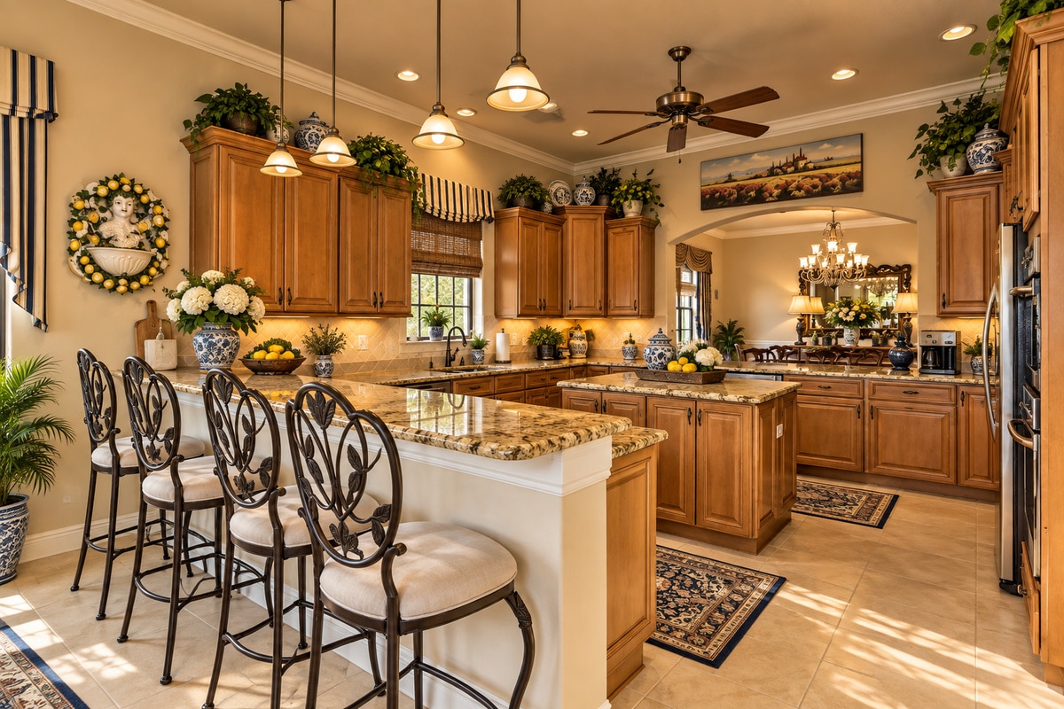 Elegant traditional kitchen with granite island and ornate bar stools