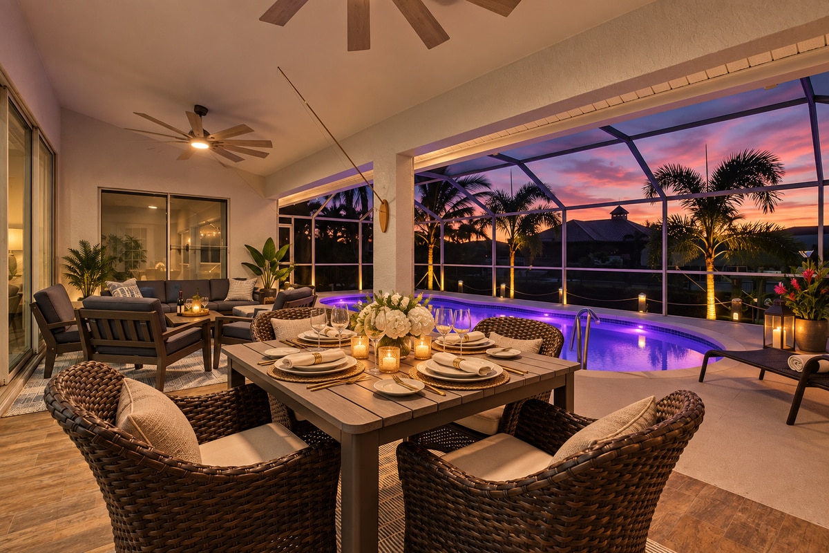 Screened patio dining beside illuminated pool at sunset