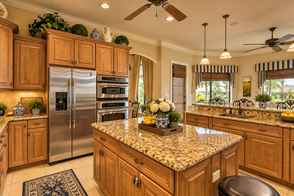 Warm kitchen with granite island and stainless steel appliances