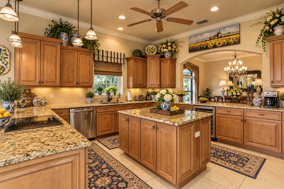 Warm traditional kitchen with granite island and wood cabinets