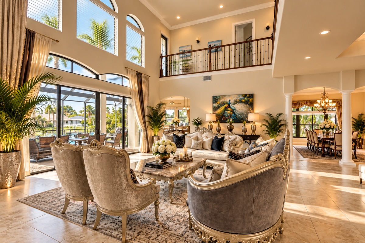 Luxurious two-story living room with ornate furniture and palm views