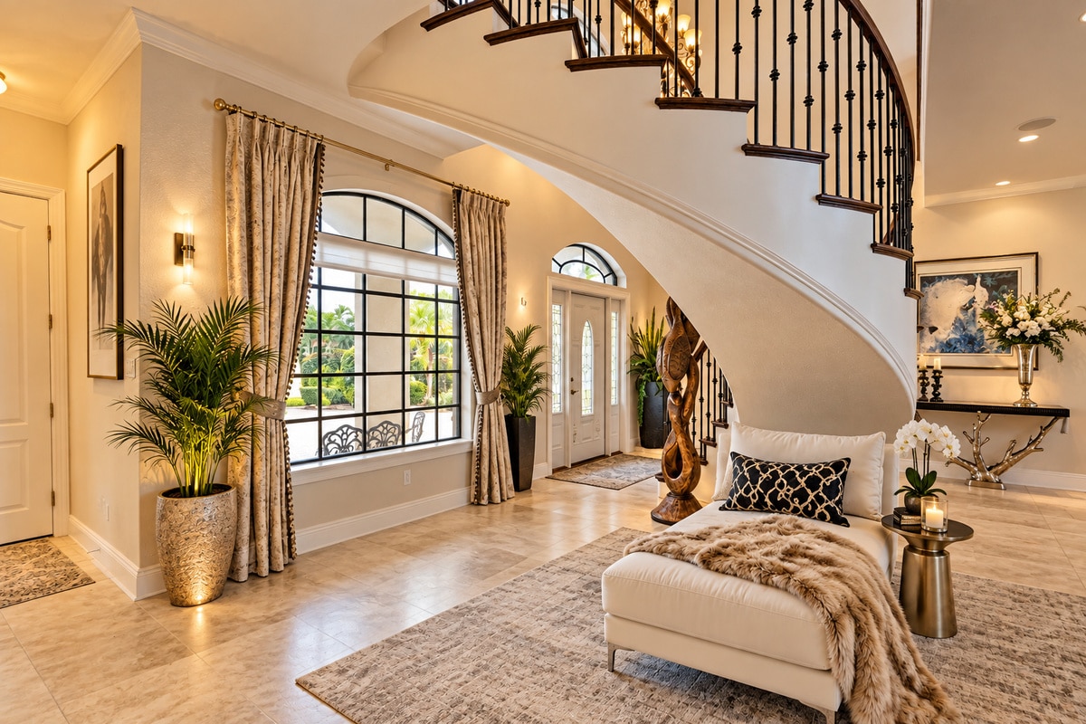 Elegant foyer with curved staircase, arched windows, and chaise lounge