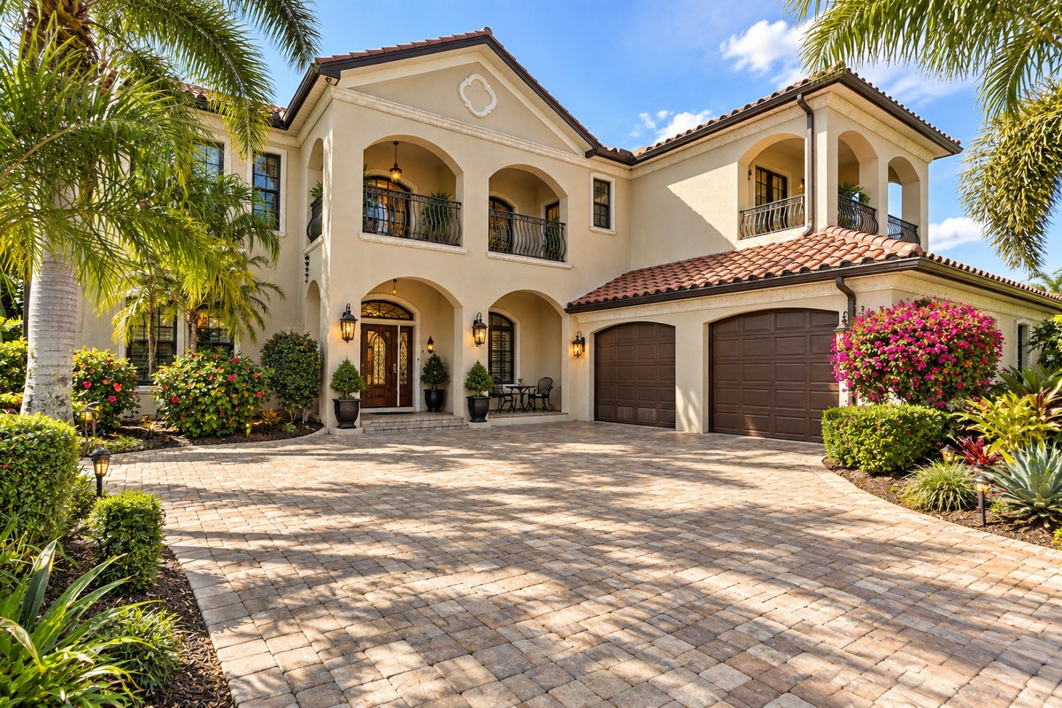 Mediterranean-style luxury home with palm-lined paved driveway