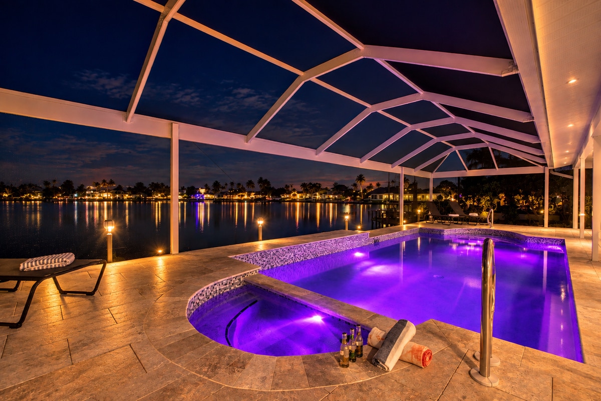 Purple-lit pool and spa overlooking lake at night