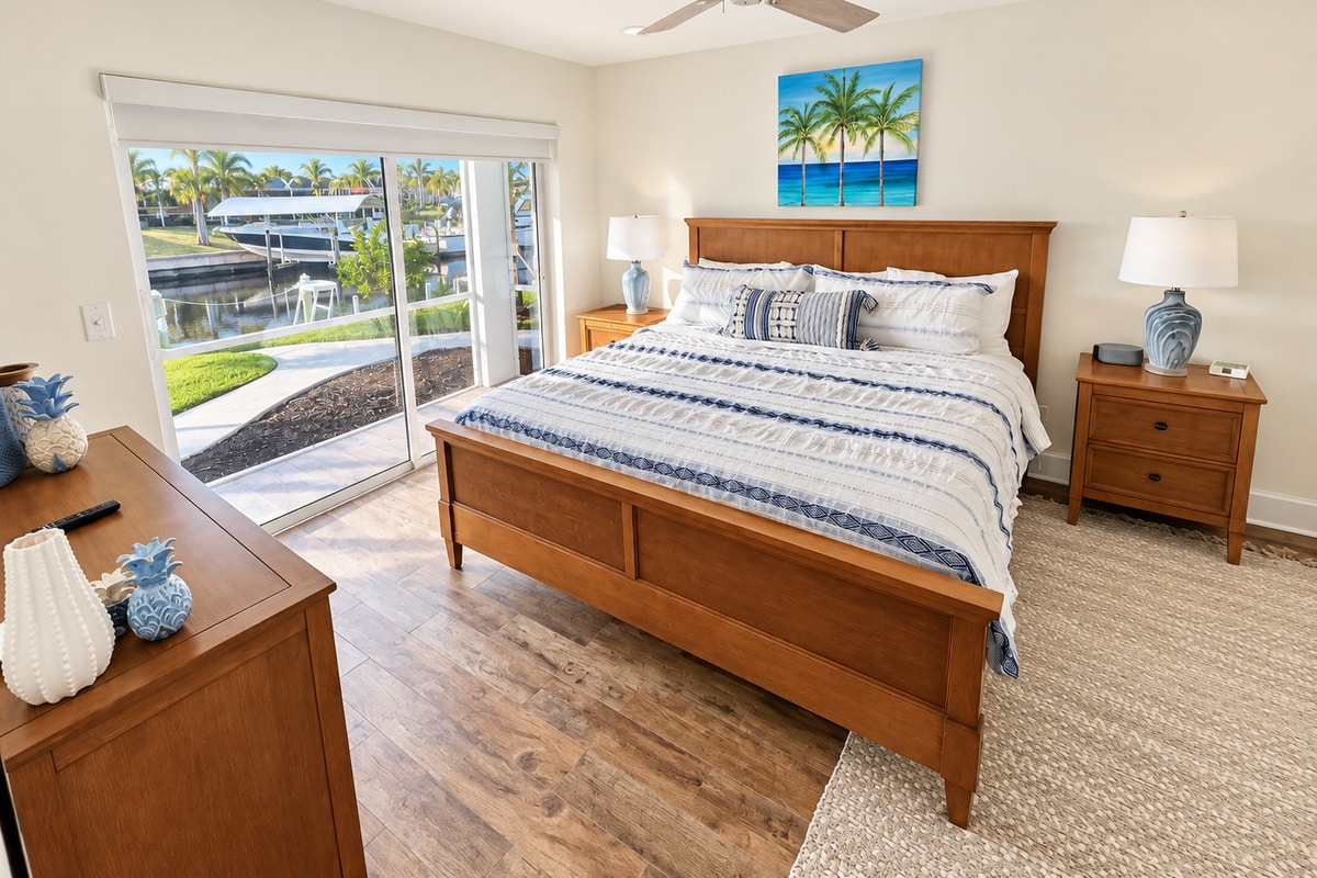 Coastal bedroom overlooking a canal and palm trees
