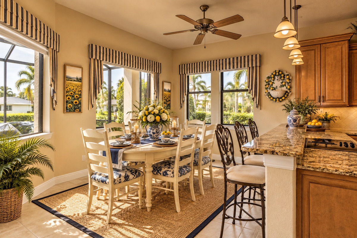 Sunlit dining area beside granite kitchen island
