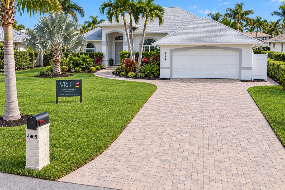 Palm-lined white vacation home with paver driveway and garage