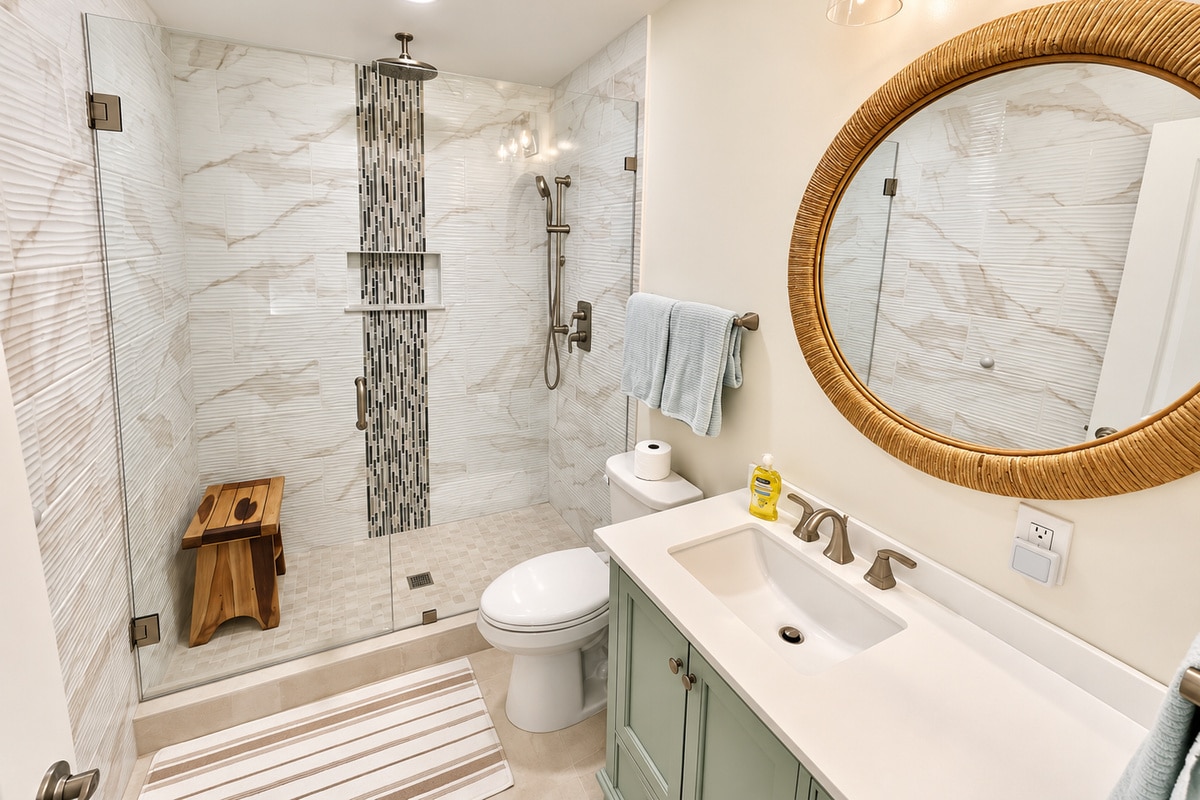 Bright bathroom with glass shower, green vanity, and round mirror